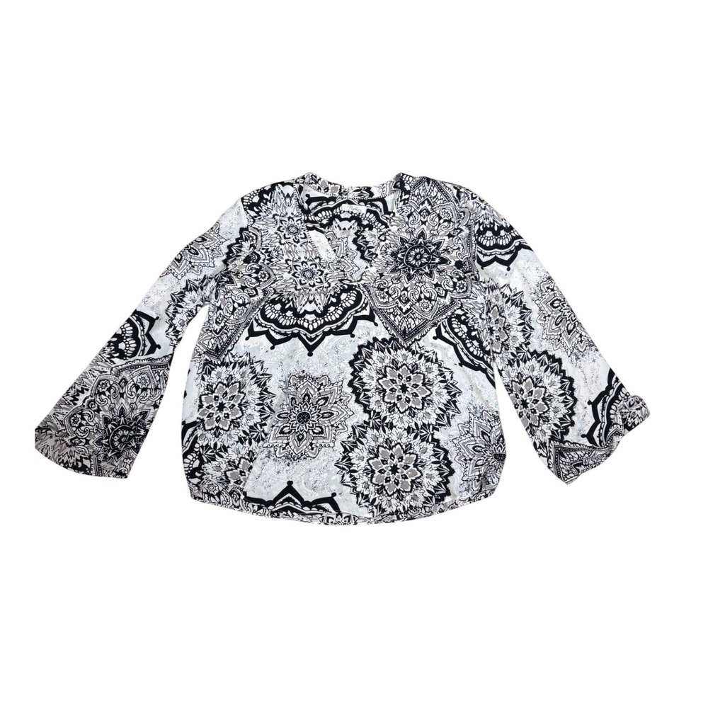 Parker Womens Mandala Medallion Print V-Neck Bell Sleeve Blouse Black White L